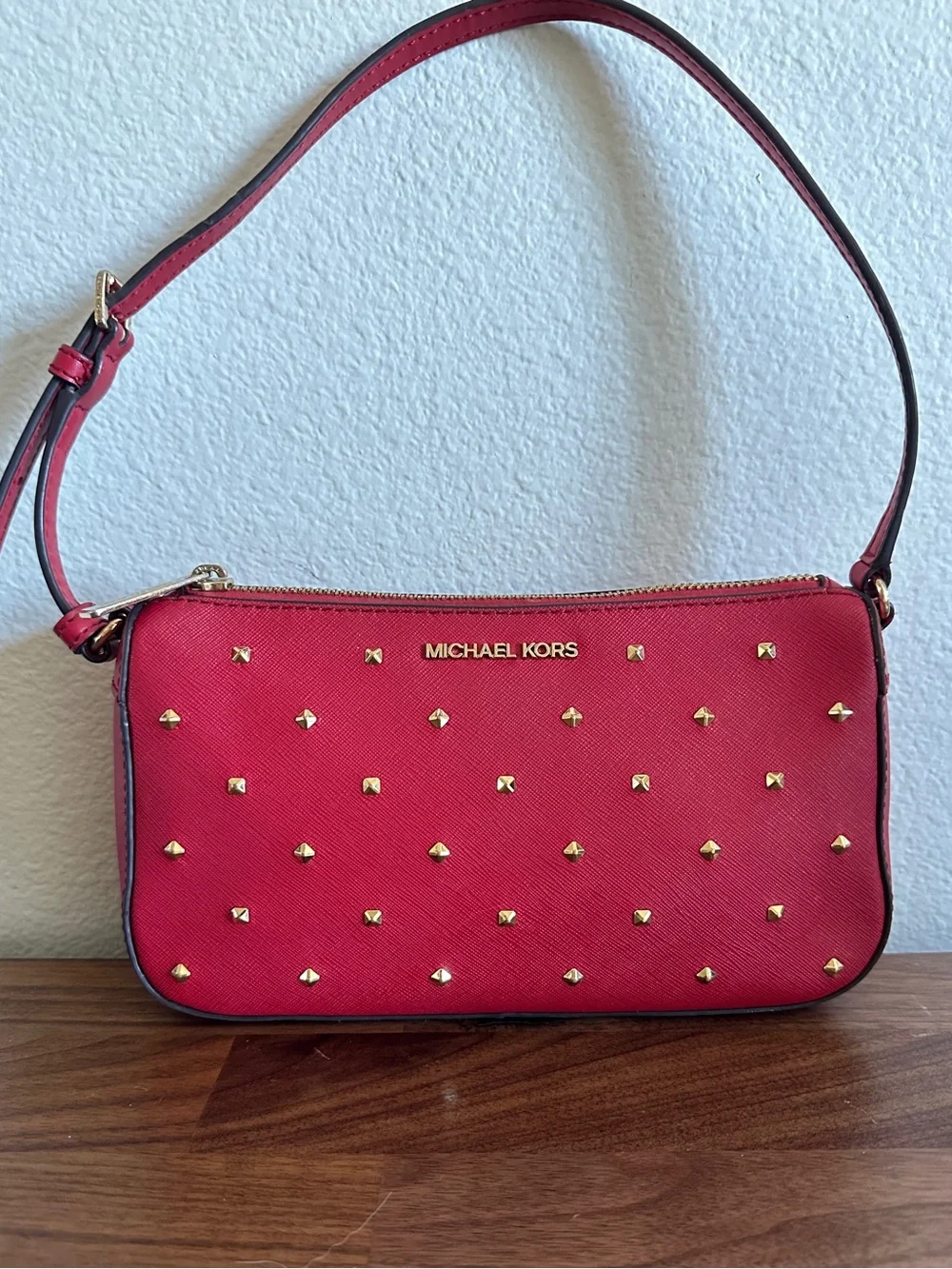 Michael Kors Red Studded Baguette Shoulder Bag Gold Hardware